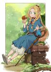  1girl :t artist_name backpack bag belt_pouch bird black_border blonde_hair blue_capelet blue_robe blush book book_holster border braid bread capelet choker closed_mouth commentary day dungeon_meshi eating edomon-do elf feeding fireflies food food_bite french_braid full_body green_eyes grey_footwear hands_up highres holding holding_food hood hood_down hooded_capelet light_particles long_hair long_sleeves looking_at_animal looking_at_viewer mandrake marcille_donato multiple_braids mushroom nature outside_border pants parted_bangs pointy_ears pouch robe sandals shoe_soles side_braid sitting sprout staff tree_stump unworn_backpack unworn_bag very_long_hair white_pants 