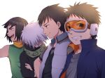  4boys aged_down black_eyes black_hair child commentary_request goggles hatake_kakashi looking_at_viewer male_focus mask might_guy mouth_mask multiple_boys naruto_(series) naruto_shippuuden open_mouth orange_scarf sarutobi_asuma scarf short_hair simple_background smile takaichi_(as121) teeth uchiha_obito white_background white_hair 