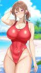  1girl blue_sky blurry blurry_background breasts brown_hair cameltoe cleavage cloud competition_swimsuit covered_navel day highleg highleg_swimsuit highres large_breasts low_ponytail mature_female medium_hair one-piece_swimsuit original outdoors ranhatu red_eyes red_one-piece_swimsuit sidelocks sky solo swimsuit 