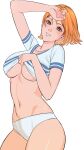  1girl arm_up bare_arms breasts brown_eyes clothes_lift collarbone commentary cowboy_shot hand_to_head highres large_breasts looking_at_viewer midriff nami_(one_piece) navel one_piece orange_hair orange_nails panties parted_lips shirt shirt_lift short_hair short_sleeves smile solo thighs underboob underwear uukkaa white_background white_panties white_shirt 