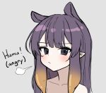  1girl bakedmonogamy collarbone english_text gradient_hair grey_background grey_eyes hololive hololive_english implied_nudity long_hair looking_at_viewer mole mole_under_eye multicolored_hair ninomae_ina&#039;nis orange_hair pointy_ears pout purple_hair sidelocks solo tentacle_hair upper_body virtual_youtuber 