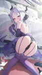  1girl ass bare_shoulders black_panties blue_archive blush breasts dress gloves halo highres hina_(blue_archive) hina_(dress)_(blue_archive) houraku long_hair looking_at_viewer looking_back official_alternate_costume panties purple_dress purple_gloves small_breasts solo underwear white_hair 