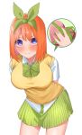  1girl \||/ absurdres airo arms_behind_back blue_eyes blush bow box breasts closed_mouth collared_shirt commentary_request cowboy_shot eyelashes gift go-toubun_no_hanayome green_bow green_ribbon green_skirt hair_between_eyes hair_ribbon heart-shaped_box highres holding holding_gift large_breasts looking_at_viewer medium_hair miniskirt nakano_yotsuba nervous nervous_smile orange_hair plaid plaid_bow pleated_skirt ribbon school_uniform shirt shy simple_background skirt smile solo speech_bubble straight_hair sweatdrop sweater_vest v-shaped_eyebrows valentine wavy_mouth white_background white_shirt yellow_sweater_vest 