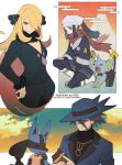  1boy 2girls akari_(pokemon) black_coat black_pants black_shirt blonde_hair blue_headwear blue_jacket candy chocolate chocolate_bar closed_mouth coat commentary_request cynthia_(pokemon) eyelashes food fur-trimmed_coat fur_trim grass grey_eyes hair_ornament hair_over_one_eye hat head_scarf highres holding jacket jewelry logo long_hair long_sleeves loose_socks lucario meiji_ken multiple_girls necklace on_one_knee pants pantyhose pokemon pokemon_(creature) pokemon_dppt pokemon_legends:_arceus riley_(pokemon) shinx shirt shoes skirt smile socks white_headwear white_socks 