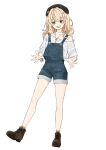  1girl :d alimitsu bare_legs bare_shoulders beret black_headwear blonde_hair blue_overalls blush brown_footwear collarbone denim_overalls foot_up full_body green_eyes hair_between_eyes hair_intakes hair_ornament hairclip hat heart heart_hair_ornament highres jewelry kaburaki_roco key key_necklace legs_apart long_hair long_sleeves necklace nijisanji off_shoulder open_hands open_mouth overalls shirt shoes simple_background smile socks solo virtual_youtuber white_background white_shirt yellow_socks 