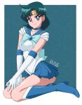  1girl absurdres back_bow bishoujo_senshi_sailor_moon blue_choker blue_eyes blue_hair blue_sailor_collar blue_skirt boots bow choker circlet earrings elbow_gloves gloves highres jewelry magical_girl mizuno_ami nightstark sailor_collar sailor_mercury sailor_senshi_uniform short_hair skirt smile solo white_gloves 