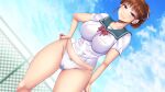  1girl ass_visible_through_thighs blue_sky breasts brown_eyes brown_hair cameltoe cloud day game_cg green_sailor_collar hand_on_own_hip ikusei impossible_clothes impossible_shirt large_breasts looking_at_viewer nagasawa_miki neck_ribbon non-web_source official_art outdoors panties red_ribbon ribbon sailor_collar shirt short_hair skindentation sky solo underwear white_panties white_shirt 