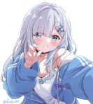  1girl absurdres black_choker blue_eyes choker commentary_request earrings fuusuke_(fusuke208) hair_ornament hairpin highres jewelry kaga_sumire long_hair long_sleeves smile vspo! white_background white_hair 