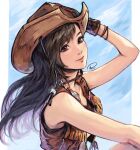  1girl bare_shoulders black_gloves black_hair brown_headwear brown_vest closed_mouth commentary cowboy_hat cowgirl_(western) english_commentary final_fantasy final_fantasy_vii final_fantasy_vii_rebirth floating_hair gloves hat highres lips long_hair pink_lips red_eyes signature smile solo swept_bangs tifa_lockhart vest xriviia 