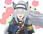  1girl :d ^_^ animal_ear_fluff animal_ears arknights armband armor black_collar blue_capelet blush border brown_shirt capelet cel_shading closed_eyes collar collared_capelet commentary emblem english_commentary excited floating_hair flower flower_(symbol) gauntlets grani_(arknights) green_background grey_hair hair_between_eyes hands_up heart high_collar highres horse_ears horse_girl long_hair open_mouth outside_border pink_flower pink_rose police portrait rose round_teeth shirt shoulder_pads smile solo teeth unfinished upper_teeth_only visor_cap white_border yellow_armband yosua_0669 