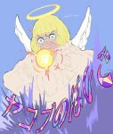  1girl angel_wings blowing blue_background blunt_bangs covering_own_mouth cowboy_shot drill_hair energy eyelashes flat_color green_eyes halo hand_over_own_mouth highres jujutsu_kaisen kurrrto kurusu_hana long_sleeves looking_at_viewer mismatched_eyebrows oversized_clothes puffy_cheeks short_hair signature sleeve_cuffs solo sweater translation_request turtleneck v-shaped_eyebrows white_sweater wide-eyed wings 