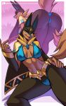 alanscampos anthro anubian_jackal anubis_(pal) blue_eyes breasts butt canid canine canis clothed clothing female fur hi_res jackal looking_at_viewer mammal pal_(species) palworld pocketpair