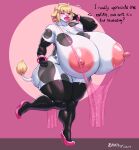2024 absurd_res anthro areola big_breasts biped blonde_hair blush blush_lines bovid bovine breasts cattle clothing ear_piercing ear_ring english_text eyebrow_through_hair eyebrows female footwear hair hi_res high_heels horn huge_breasts lipstick makeup mammal nipples piercing pink_areola pink_nipples plankboy ring_piercing solo tail tail_tuft text thick_thighs translucent translucent_hair tuft