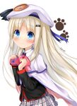  1girl artist_name bat_hair_ornament beret black_jacket blonde_hair blue_eyes bow box cape cowboy_shot grey_skirt hair_ornament hat heart-shaped_box highres jacket kudpoid_(71139) large_buttons little_busters! little_busters!_school_uniform long_hair noumi_kudryavka paw_print pink_bow plaid plaid_skirt pleated_skirt school_uniform simple_background skirt smile solo white_background white_cape white_headwear 