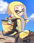  1girl agent_3_(splatoon_3) amakusa_setoka bag black_pants blonde_hair blue_sky bottle braid braided_sidelock chromatic_aberration closed_mouth cloud commentary_request dot_nose highres ink_tank_(splatoon) inkling_girl inkling_player_character jacket long_hair looking_at_viewer looking_back outdoors pants pointy_ears single_braid sitting sky smallfry_(splatoon) solo splatoon_(series) splatoon_3 tentacle_hair thick_eyebrows yellow_eyes yellow_jacket 