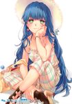  absurdres bag blue_hair blush bottle bracelet cross-laced_footwear earrings green_eyes hat highres image_sample jewelry light_smile long_hair miyata_souji original sitting solo straw_hat water_bottle yandere_sample 