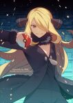  1girl black_coat black_collar black_pants black_shirt blonde_hair coat collar commentary_request cynthia_(pokemon) embers eyelashes fur-trimmed_coat fur_collar fur_trim grey_eyes grin hair_ornament hair_over_one_eye hand_up highres holding holding_poke_ball long_hair long_sleeves looking_at_viewer meiji_ken pants poke_ball poke_ball_(basic) pokemon pokemon_dppt shirt smile solo teeth 