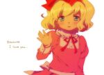  1girl alternate_costume blonde_hair blue_eyes bow child commentary dress english_text hair_bow hairband long_sleeves looking_at_viewer mother_(game) mother_2 paula_(mother_2) pink_dress red_bow ribbon senntakuya short_hair skirt smile solo 