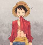  1boy abs aco_peda black_eyes black_hair blue_shorts clothes_in_mouth half-closed_eyes hat long_sleeves looking_to_the_side male_focus monkey_d._luffy one_piece open_clothes open_shirt pectoral_cleavage pectorals red_shirt sash scar scar_on_cheek scar_on_chest scar_on_face shirt short_hair shorts simple_background solo straight-on straw_hat upper_body yellow_sash 