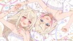  2girls ahoge animal_ear_fluff animal_ears bare_shoulders blonde_hair blue_eyes blue_hair blue_nails bow commentary_request company_name dog_ears dog_girl dog_tail double-parted_bangs dress fangs floral_background fuwawa_abyssgard hair_between_eyes hair_bow hand_up holding_hands hololive hololive_english long_hair looking_at_another lying miyako_(xxxbibit) mococo_abyssgard multicolored_hair multiple_girls neck_ribbon official_art on_back open_mouth partial_commentary pink_eyes pink_hair pink_nails ribbon short_hair siblings sisters skin_fangs smile streaked_hair sundress tail twins virtual_youtuber white_background white_dress white_ribbon 