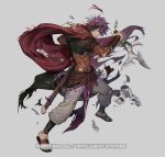  1boy abs baggy_pants bodystocking cape copyright_name dagger deen_(fire_emblem_gaiden) deen_(hatari)_(fire_emblem_gaiden) fire_emblem fire_emblem_heroes holding holding_dagger holding_knife holding_weapon knife muscular muscular_male official_alternate_costume official_art p-nekor pants purple_hair sandals torn_cape torn_clothes weapon 