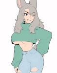  1girl ;) animal_ears arm_at_side artist_name blue_eyes breasts cowboy_shot cropped_sweater green_sweater grey_hair hand_on_own_hip highres large_breasts long_hair long_sleeves looking_at_viewer midriff one_eye_closed original pants parted_lips puffy_long_sleeves puffy_sleeves rob_ishi simple_background smile solo sweater tail torn_clothes torn_pants turtleneck turtleneck_sweater underboob white_background 