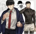  1boy :i adjusting_clothes arm_at_side artist_name belt black_bodysuit black_hair black_pants blue_coat bodysuit bodysuit_under_clothes bowl_cut chibi coat collared_shirt commentary cream_puff eating facial_mark food hand_on_own_neck hand_up head_scarf kadeart long_sleeves looking_at_viewer male_focus mash_burnedead mashle multiple_views necktie pants partially_colored red_necktie shirt short_hair shorts standing white_shirt white_shorts yellow_eyes 