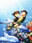  1boy 1girl ahoge air_bubble arms_on_another&#039;s_shoulder barefoot black_wetsuit blush brown_eyes brown_hair bubble carrying carrying_person coral dolphin freediving hetero highres jyushimatsu&#039;s_girlfriend matsuno_jyushimatsu ocean official_alternate_costume official_alternate_hairstyle osomatsu-san ouka_(stan) school_of_fish seaweed smile swimming underwater yellow_wetsuit 