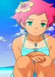  1girl alternate_costume aqua_dress beach closed_mouth dress full_body green_eyes jewelry kumatora looking_at_viewer mother_(game) mother_3 necklace pink_hair senntakuya short_hair sky sleeveless sleeveless_dress smile solo spaghetti_strap sundress tan tanlines water 