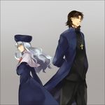 1girl amakura_(am_as) brown_eyes brown_hair caren_hortensia closed_eyes cross fate/hollow_ataraxia fate/stay_night fate/zero fate_(series) father_and_daughter habit hat jewelry kotomine_kirei long_coat long_hair necklace priest silver_hair white_hair yellow_eyes 