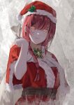  1girl absurdres bag braid chainsaw_man christmas closed_mouth commentary_request gift_bag hat highres holding holding_bag komura_hiroto looking_at_viewer makima_(chainsaw_man) red_hair red_headwear ringed_eyes santa_costume santa_hat shirt smile solo yellow_eyes 