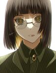  1girl androgynous blunt_bangs brown_hair closed_mouth earrings film_grain glasses head_tilt highres jewelry keeko_(kk_0012) looking_at_viewer original round_eyewear short_hair signature simple_background solo upper_body white_background yellow_eyes 