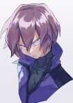  1boy blue_coat coat collared_coat commentary_request cropped_torso grey_shirt hair_between_eyes highres looking_at_viewer male_focus medium_hair parted_lips paul_(pokemon) pokemon pokemon_(anime) pokemon_dppt_(anime) purple_hair shirt simple_background smrs_ss solo teeth turtleneck_shirt upper_body white_background 