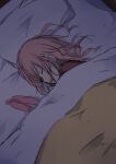  1girl brown_shirt closed_eyes highres long_hair lying on_side original parted_lips pillow pink_hair satou_saya shirt sketch solo stuffed_animal stuffed_rabbit stuffed_toy under_covers 