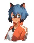  1girl 2678591308 animal_ears animal_nose blue_eyes blue_hair body_fur brand_new_animal brown_fur furry furry_female highres jacket kagemori_michiru looking_at_viewer multicolored_hair raccoon_ears raccoon_girl raccoon_nose red_jacket shirt short_hair simple_background solo tanuki track_jacket white_shirt 