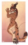 ambiguous_gender anthro blue_eyes charr dakimakura_pose felid floyote guild_wars hi_res horn looking_at_viewer looking_back mammal markings pawpads paws solo spots spotted_markings striped_markings stripes