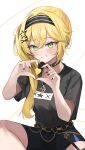  1girl absurdres black_collar black_hairband black_nails black_shirt black_shorts blonde_hair blush collar commentary dokibird_(vtuber) gold_belt gold_necklace green_eyes grin hair_ornament hairband heart heart_hands highres hoangryu indie_virtual_youtuber jewelry long_hair looking_at_viewer nail_polish necklace shirt shorts side_ponytail smile solo star_(symbol) star_hair_ornament virtual_youtuber white_background x_hair_ornament 