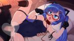  1boy 1girl anal_tail animal_ears arm_strap bed black_gloves blue_eyes blue_hair blue_one-piece_swimsuit blush cat_ears cat_tail censored collar covered_navel crotch_cutout cum cum_in_pussy erection fake_tail flat_chest flat_chest_grab glasses gloves grabbing hair_ornament hairclip heart heart_censor hetero leash leg_grab leg_up long_hair lying null_(nyanpyoun) on_bed on_side one-piece_swimsuit open_mouth otomachi_una paw_pose penis pillow red-framed_eyewear red_collar sex skindentation sweat swimsuit tail thigh_strap twintails vaginal variant_set vocaloid 