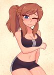  1girl a_hat_in_time aged_up blue_eyes blush bra breasts brown_hair cleavage hat_kid large_breasts long_hair looking_at_viewer non-web_source nose one_eye_closed original shirt sidelocks simple_background smile solo underwear xyronii 