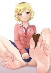  1girl ashigaki_reina_(hinosaki) bare_legs barefoot between_toes blonde_hair blue_sky blush breasts brown_eyes cardigan chocolate chocolate_on_body chocolate_on_face chocolate_on_foot closed_mouth collarbone collared_shirt commentary_request earrings eyelashes feet food food_on_body food_on_face foot_focus foreshortening full_body hair_ornament hairclip highres hinosaki holding_with_feet jewelry knees_up licking_lips long_sleeves looking_at_viewer medium_breasts miniskirt necktie original parted_bangs pink_cardigan pleated_skirt red_necktie school_uniform shadow shirt short_hair sidelocks simple_background sitting skirt sky smile soles solo stud_earrings toenails toes tongue tongue_out white_background white_shirt 