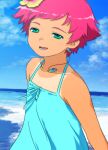  1girl alternate_costume aqua_dress beach dress full_body green_eyes jewelry kumatora looking_at_viewer mother_(game) mother_3 necklace open_mouth pink_hair senntakuya short_hair sky sleeveless sleeveless_dress smile solo spaghetti_strap sundress tan tanlines water 