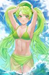  1girl armpits arms_up ball beachball bikini breasts carrying_overhead contrapposto cookie_run cowboy_shot floating_hair food fruit green_bikini green_eyes green_hair green_theme hair_ornament highres humanization lime_(fruit) lime_cookie long_hair navel ol_nang original parted_lips sarong see-through simple_background sky small_breasts solo standing swept_bangs swimsuit thigh_gap twintails very_long_hair water 
