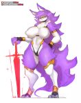 anthro big_breasts breasts camel_toe canid canine canis clothed clothing erect_nipples female fingerless_gloves fur girlsay gloves handwear hi_res legwear mammal melee_weapon nipple_outline nipples purple_body purple_fur rae_(girlsay) skimpy solo standing sword thick_thighs thigh_highs thong underwear weapon white_body white_clothing wide_hips wolf yellow_eyes