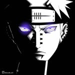  1boy aboude_art artist_name closed_mouth commentary ear_piercing earrings english_commentary forehead_protector instagram_logo instagram_username jewelry limited_palette lip_piercing looking_at_viewer male_focus naruto_(series) naruto_shippuuden nose_piercing pain_(naruto) piercing rinnegan short_hair signature solo spiked_hair 