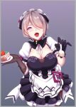  1girl :d apron asymmetrical_gloves black_gloves black_skirt border breasts brown_hair brown_pantyhose cake cleavage cleavage_cutout clothing_cutout daidailong dress flower food frilled_apron frilled_dress frills fruit gloves grey_border holding holding_spoon honkai_(series) honkai_impact_3rd incoming_food lips looking_at_viewer maid maid_headdress mismatched_gloves open_mouth pantyhose puffy_short_sleeves puffy_sleeves purple_background purple_eyes purple_flower purple_rose rita_rossweisse rita_rossweisse_(umbral_rose) rose short_sleeves skirt smile solo spoon strawberry waist_apron white_apron 