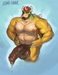 anthro balls barazoku big_muscles big_penis bodily_fluids bowser brown_balls brown_glans brown_penis butt claws cum cum_drip cum_on_self dripping ejaculation foreskin genital_fluids genitals glans gold_(metal) gold_jewelry gold_ring hi_res jewelry king knock-kneed koopa lewdhank loose_foreskin male mario_bros muscular musk musky_balls musky_cock nintendo penis precum precum_drip royalty scalie shell smile smirk smug_face solo spiked_shell spikes spikes_(anatomy) standing