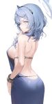  1girl ako_(blue_archive) ako_(dress)_(blue_archive) backless_dress backless_outfit bare_shoulders black_hairband blue_archive blue_dress blue_eyes blue_hair blue_halo blurry bracelet breasts butt_crack commentary dress earrings evening_gown from_behind hairband halo highres jewelry large_breasts looking_at_viewer medium_hair official_alternate_costume sideboob sideless_dress sideless_outfit simple_background single_handcuff sleeveless sleeveless_dress solo white_background yo_owl 
