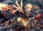  1girl aiming ash_arms battle blonde_hair breasts cannon firing gameplay_mechanics highres laica_(marfusha) long_hair looking_at_viewer low_twintails machinery marfusha mecha_musume medium_breasts open_mouth pantyhose red_eyes simple_background smoke solo tokiha_suzumiya torn_clothes torn_pantyhose twintails uniform 