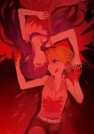  2girls alternate_eye_color belt blonde_hair blood blood_on_clothes blood_on_face blood_on_hands closed_eyes closed_mouth collarbone collared_shirt commentary_request dress highres higurashi_no_naku_koro_ni long_hair lying multiple_girls on_back pink_shirt purple_eyes purple_hair shirt short_hair shorts sleeveless sleeveless_shirt usamin_(megumikira) 