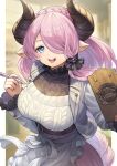  1girl apron aran_sweater blue_eyes braid breasts cable_knit cleavage commentary_request crown_braid draph granblue_fantasy hair_over_one_eye heart heart-shaped_pupils highres horns jacket large_breasts long_hair looking_at_viewer mixed-language_commentary narmaya_(granblue_fantasy) open_mouth pink_hair pointy_ears purple_hair revision single_sidelock smile solo sweater symbol-shaped_pupils very_long_hair waist_apron yuiko_(yuiyuiko_108) 